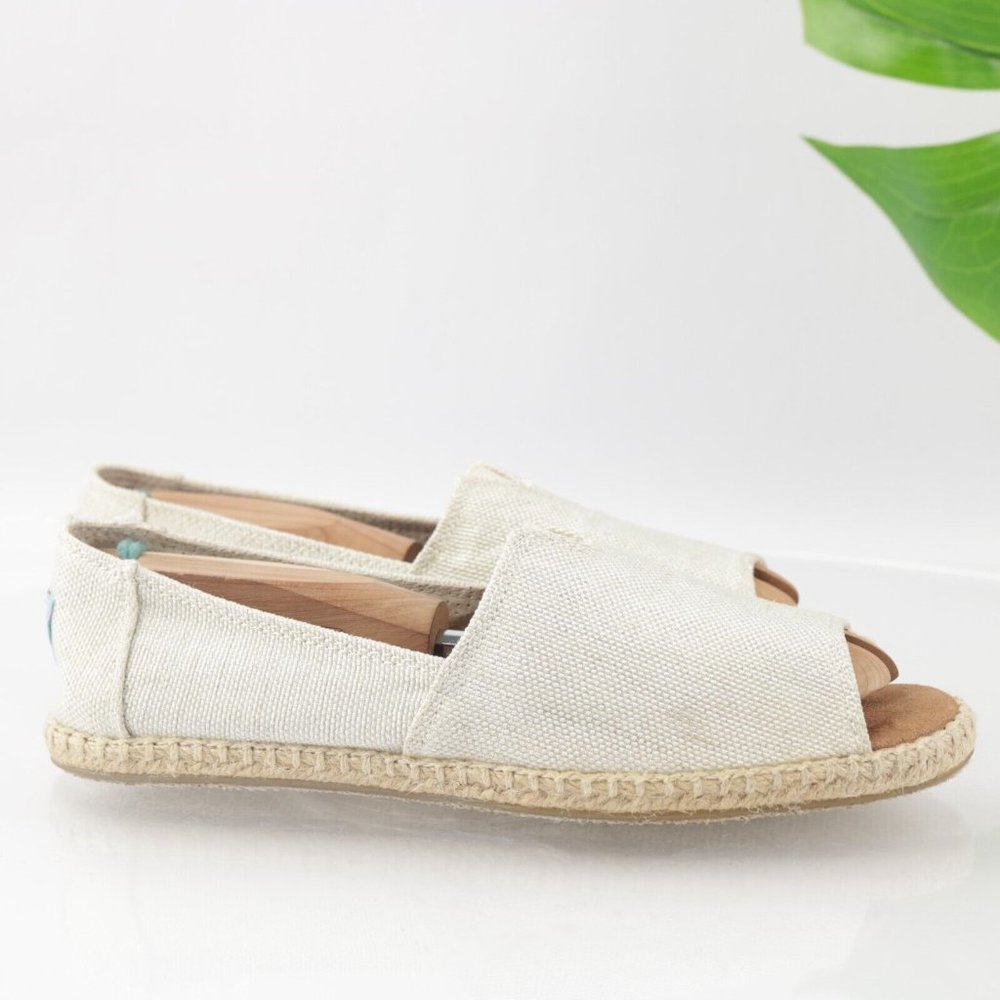 TOMS Women's Alpargata Open Toe Flats Size 7.5 Slip On Beige Linen Boho Shoe - Picture 5 of 13